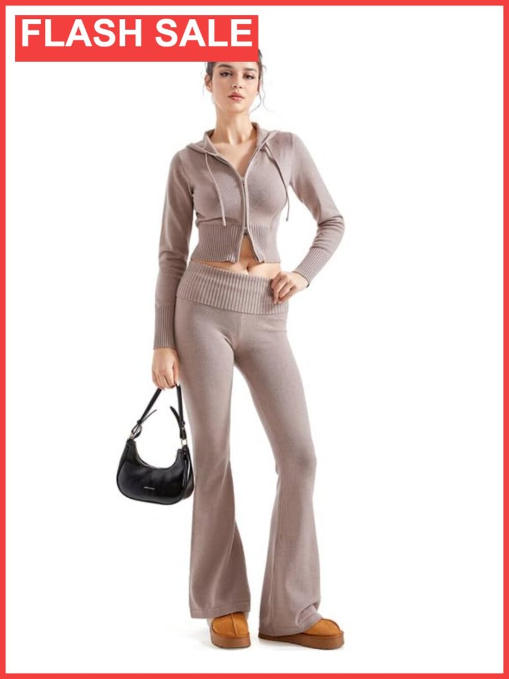 Knit 2 Piece Set Cropped Zip Up Hoodie Flare Leg Pants Tracksuit